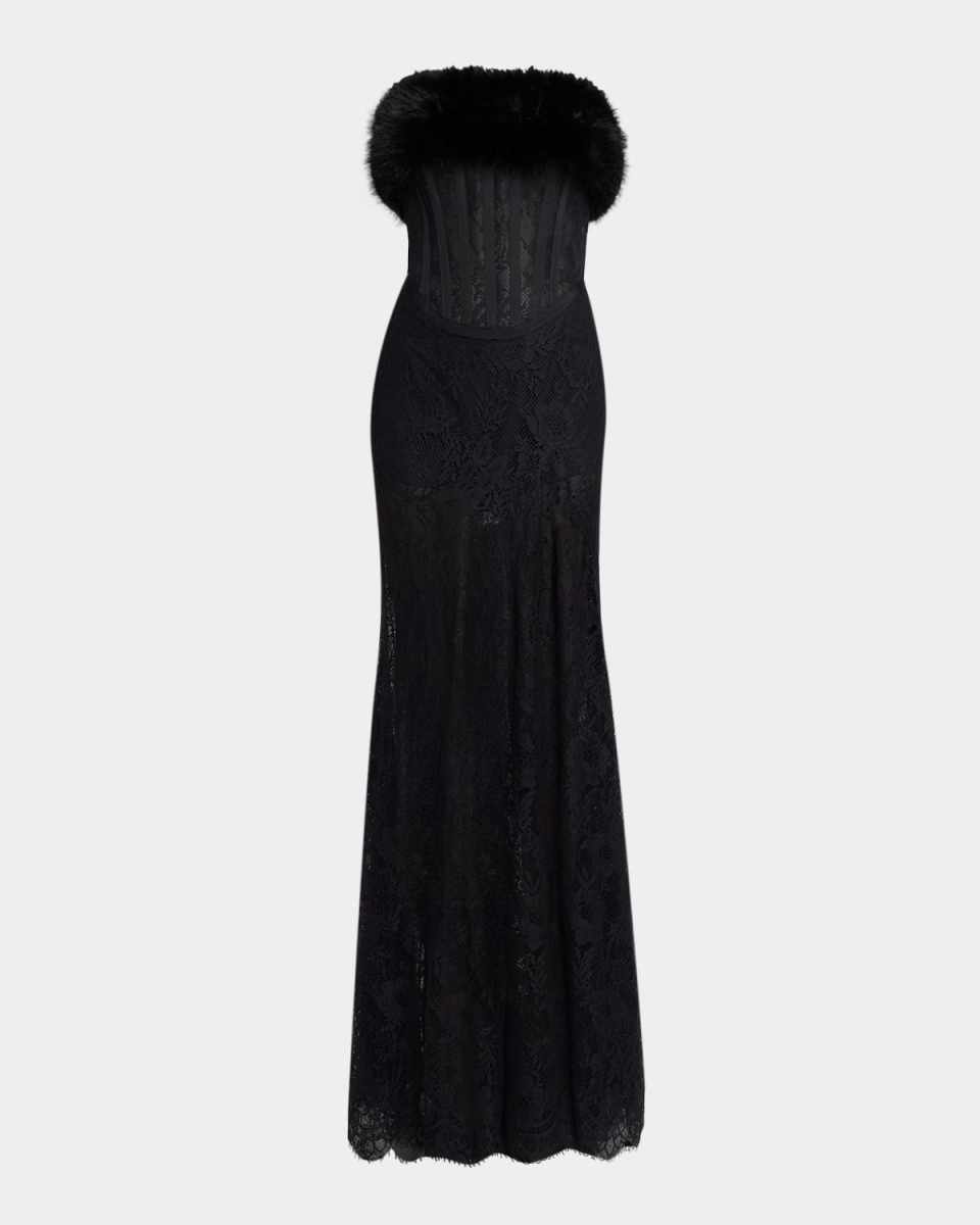 Faux-Fur Trim Strapless Lace Corset Gown